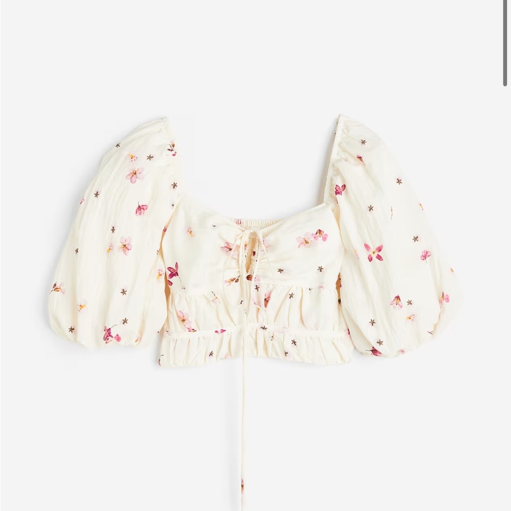 Puff sleeve crop top, H&M, Cute, Floral, White, Cream, Size Medium